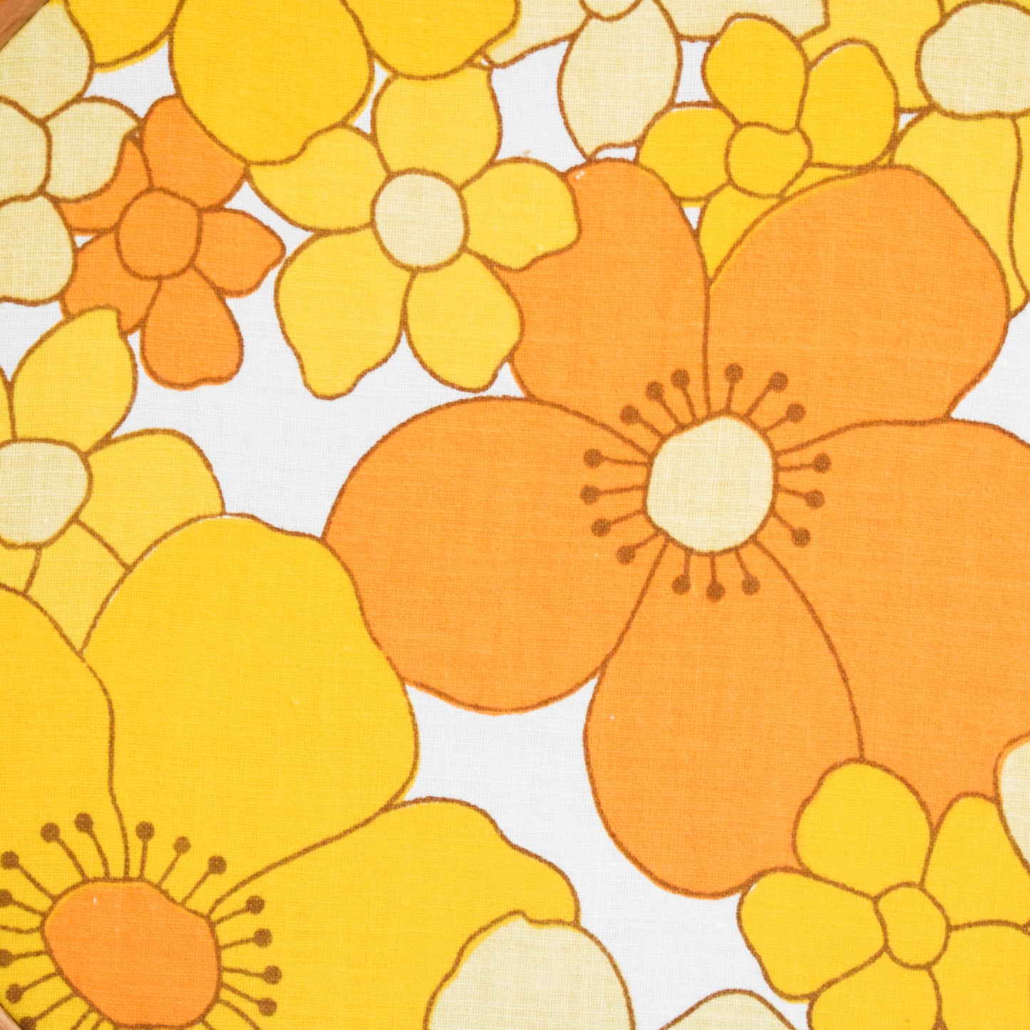 Vintage 1960s Medium Fabric Wall Art Circle - Flower Power -Orange & Yellow
