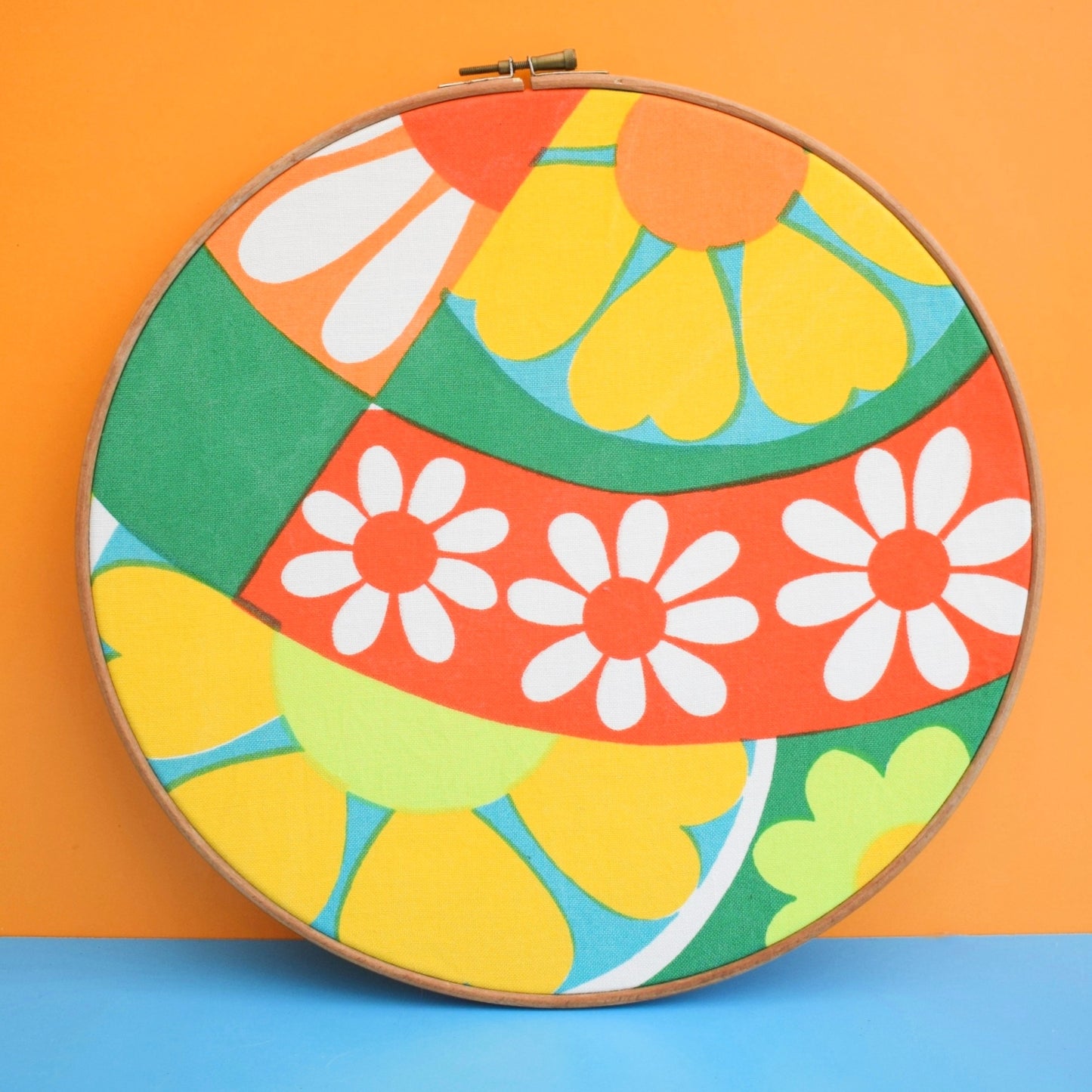 Vintage 1960s Large Fabric Wall Art Circle - Flower Power -Orange, Green & Yellow