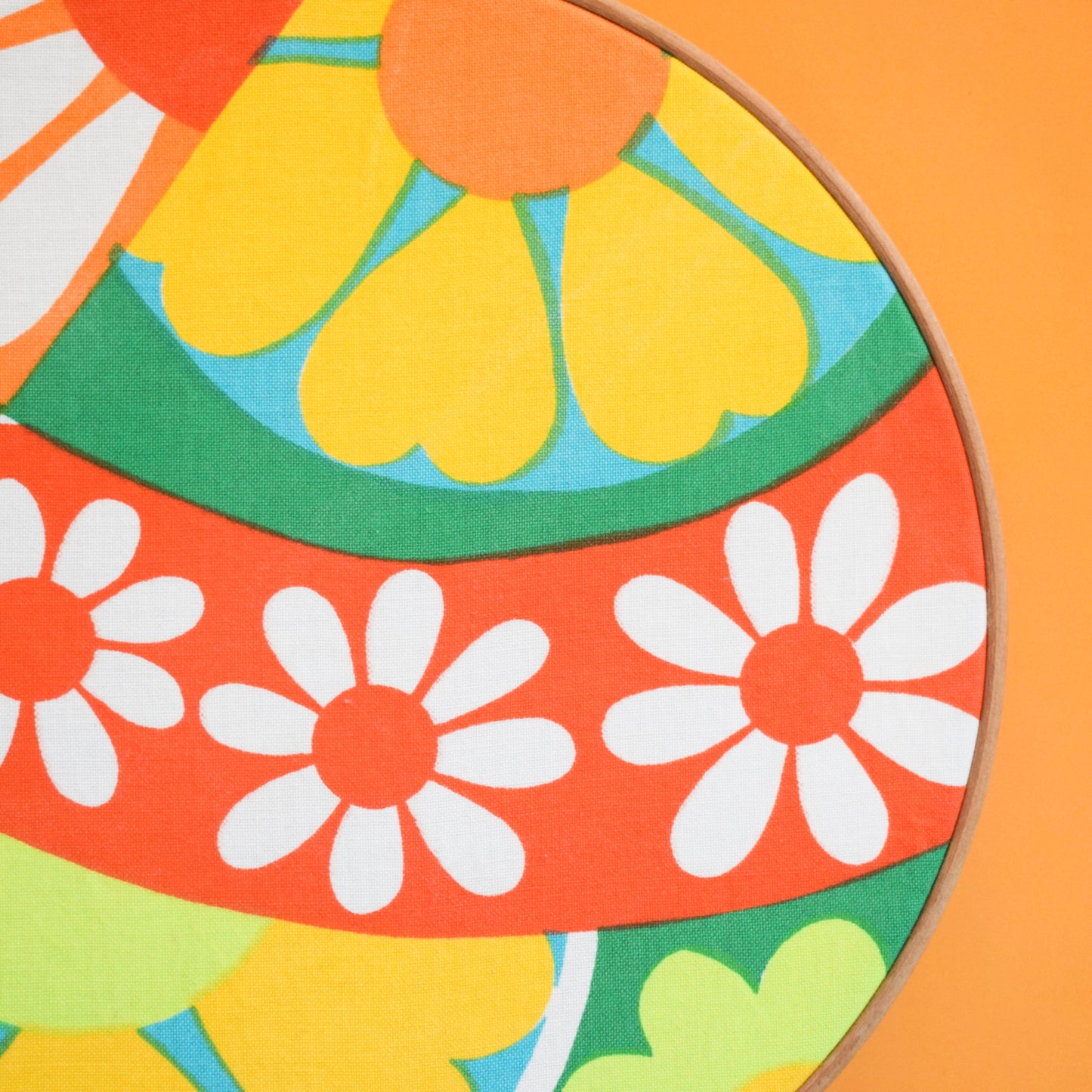 Vintage 1960s Large Fabric Wall Art Circle - Flower Power -Orange, Green & Yellow