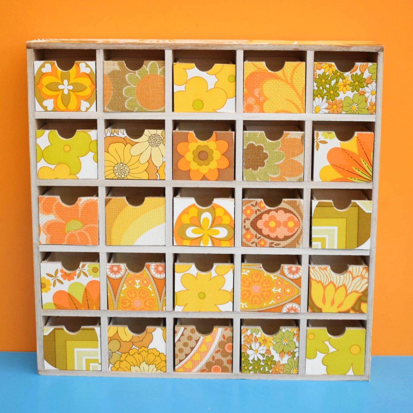 Retro Wooden Multi Drawer Unit - Vintage Wallpapers - Patchwork - Spring Yellows .
