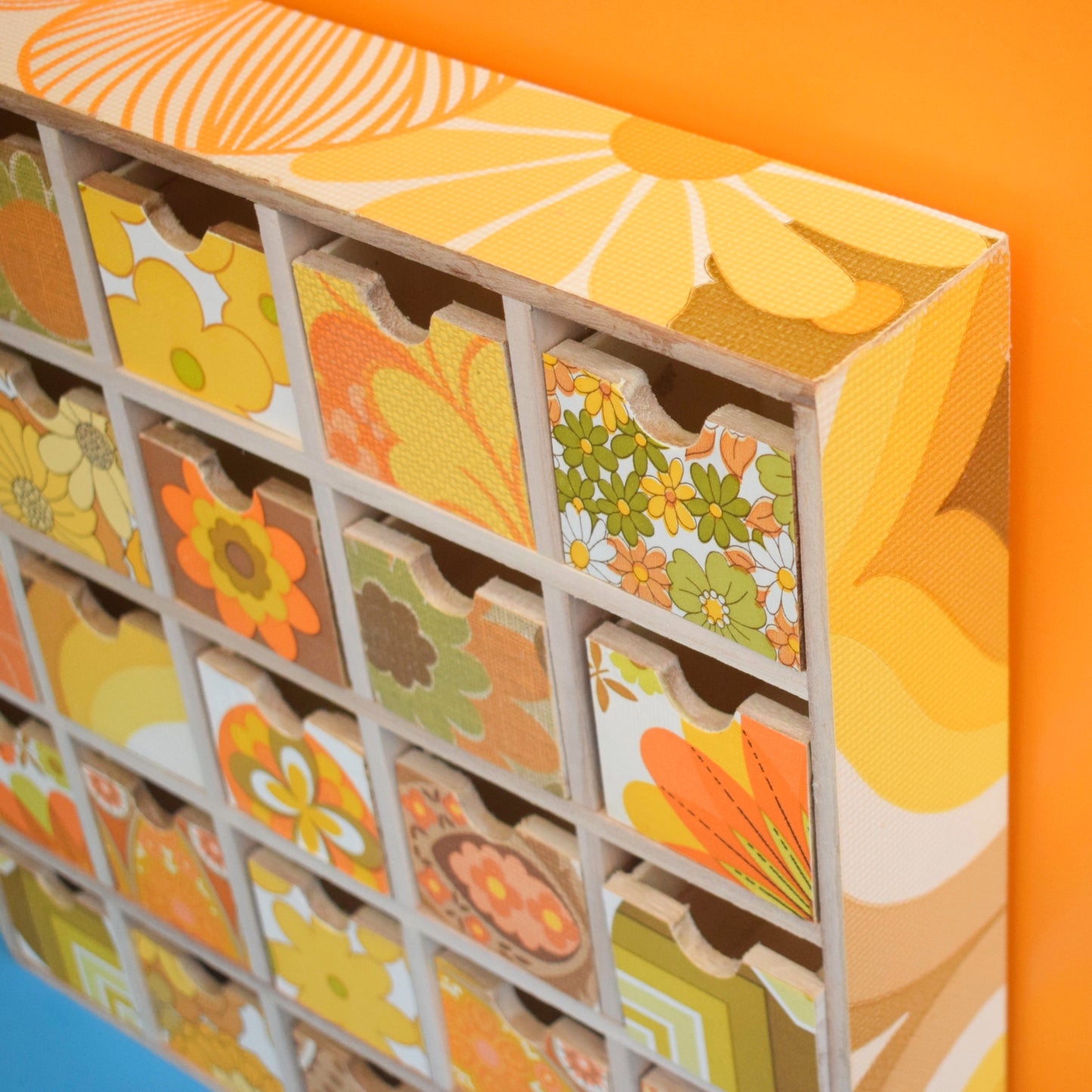 Retro Wooden Multi Drawer Unit - Vintage Wallpapers - Patchwork - Spring Yellows .