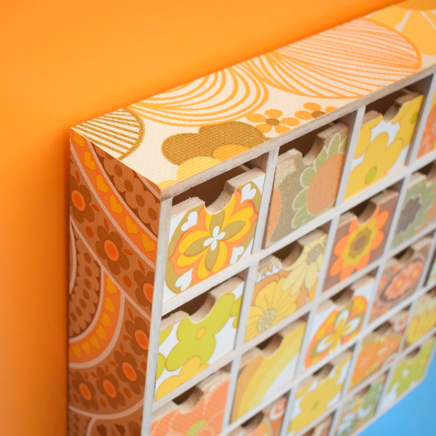 Retro Wooden Multi Drawer Unit - Vintage Wallpapers - Patchwork - Spring Yellows .