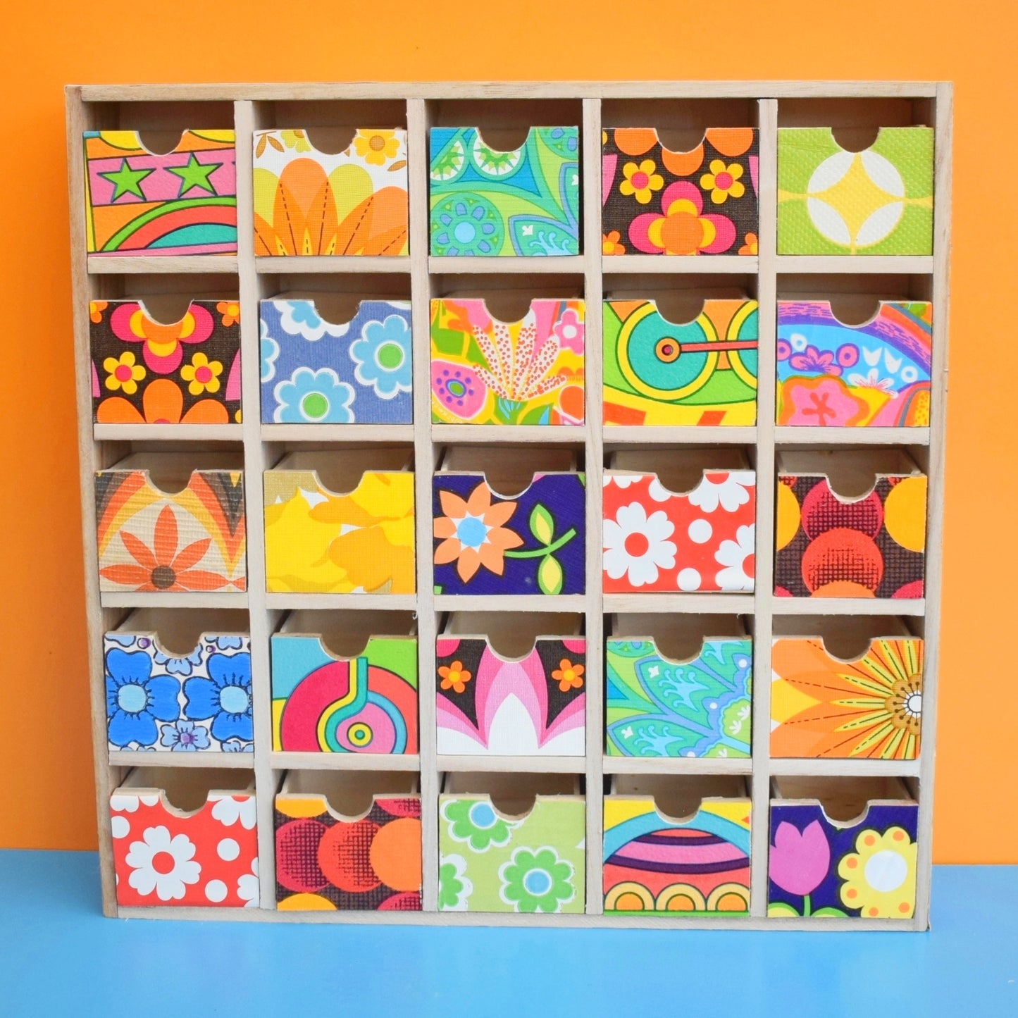 Retro Wooden Multi Drawer Unit - Vintage Wallpapers - Patchwork - Brights .
