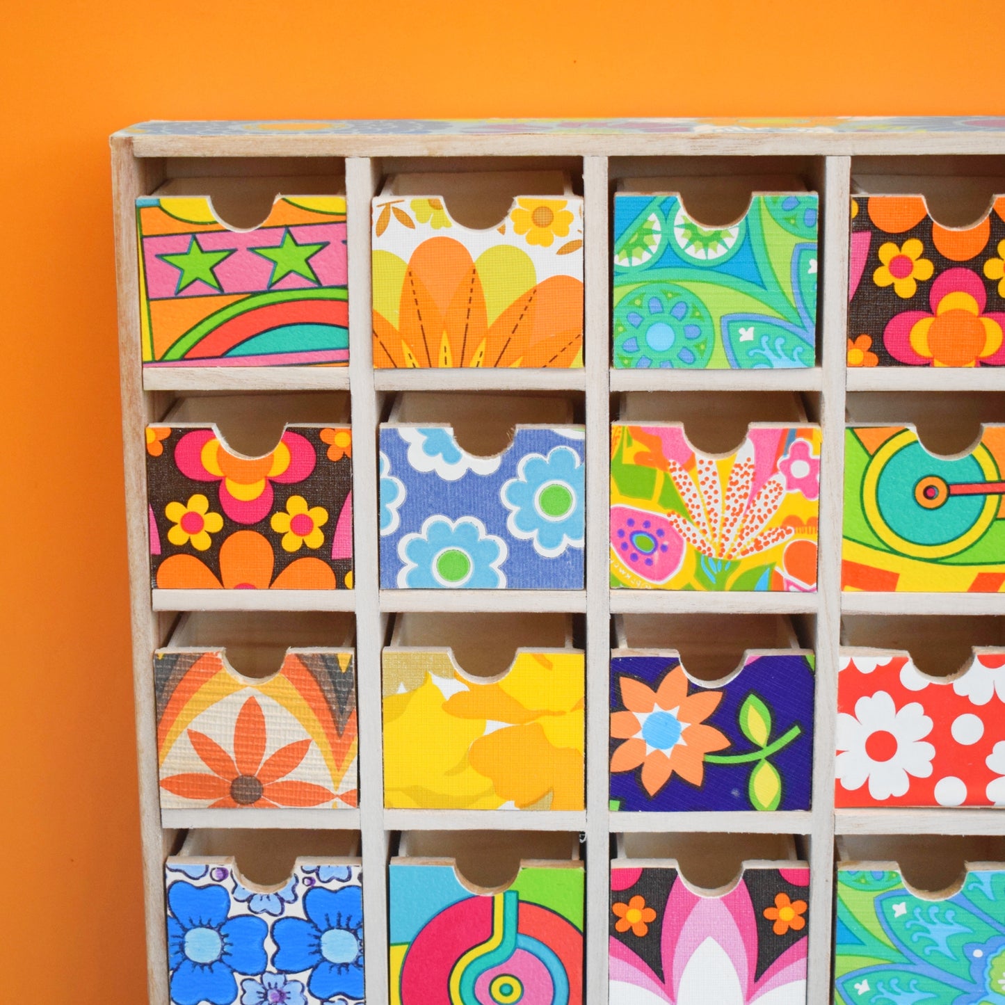 Retro Wooden Multi Drawer Unit - Vintage Wallpapers - Patchwork - Brights .