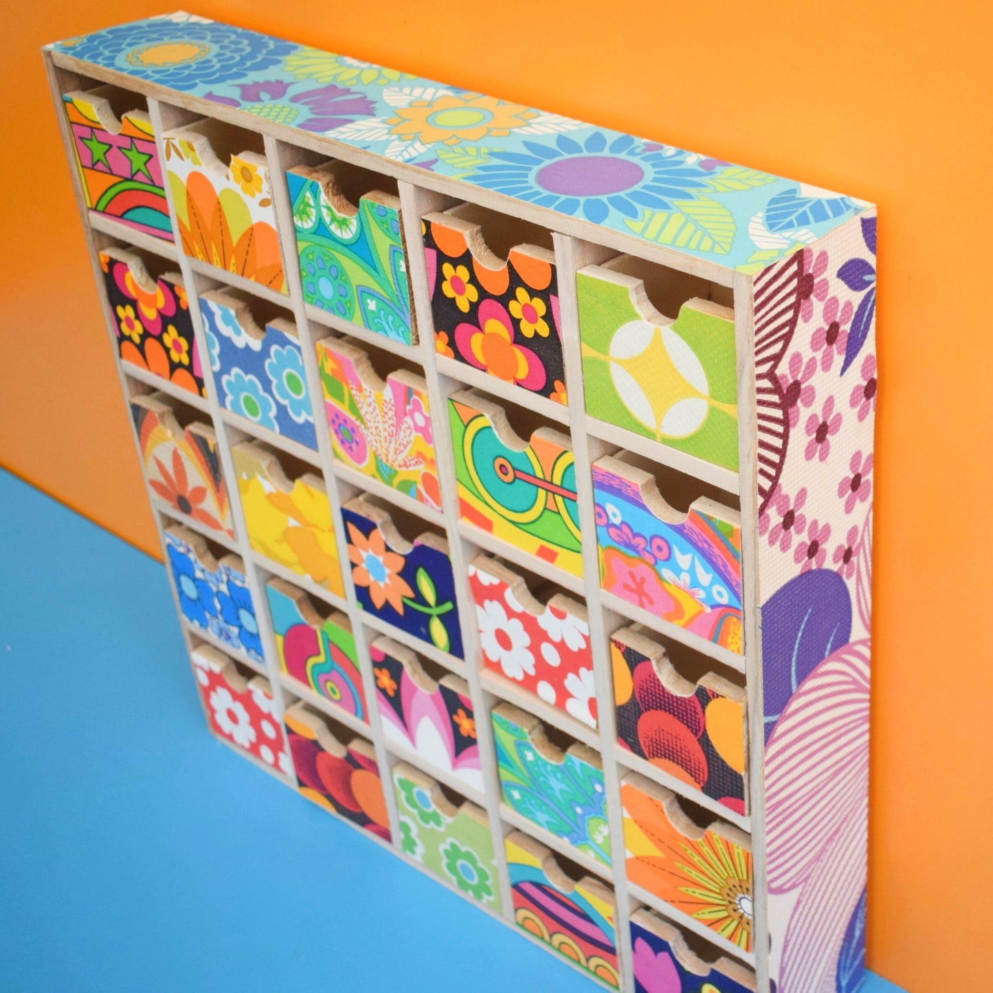 Retro Wooden Multi Drawer Unit - Vintage Wallpapers - Patchwork - Brights .