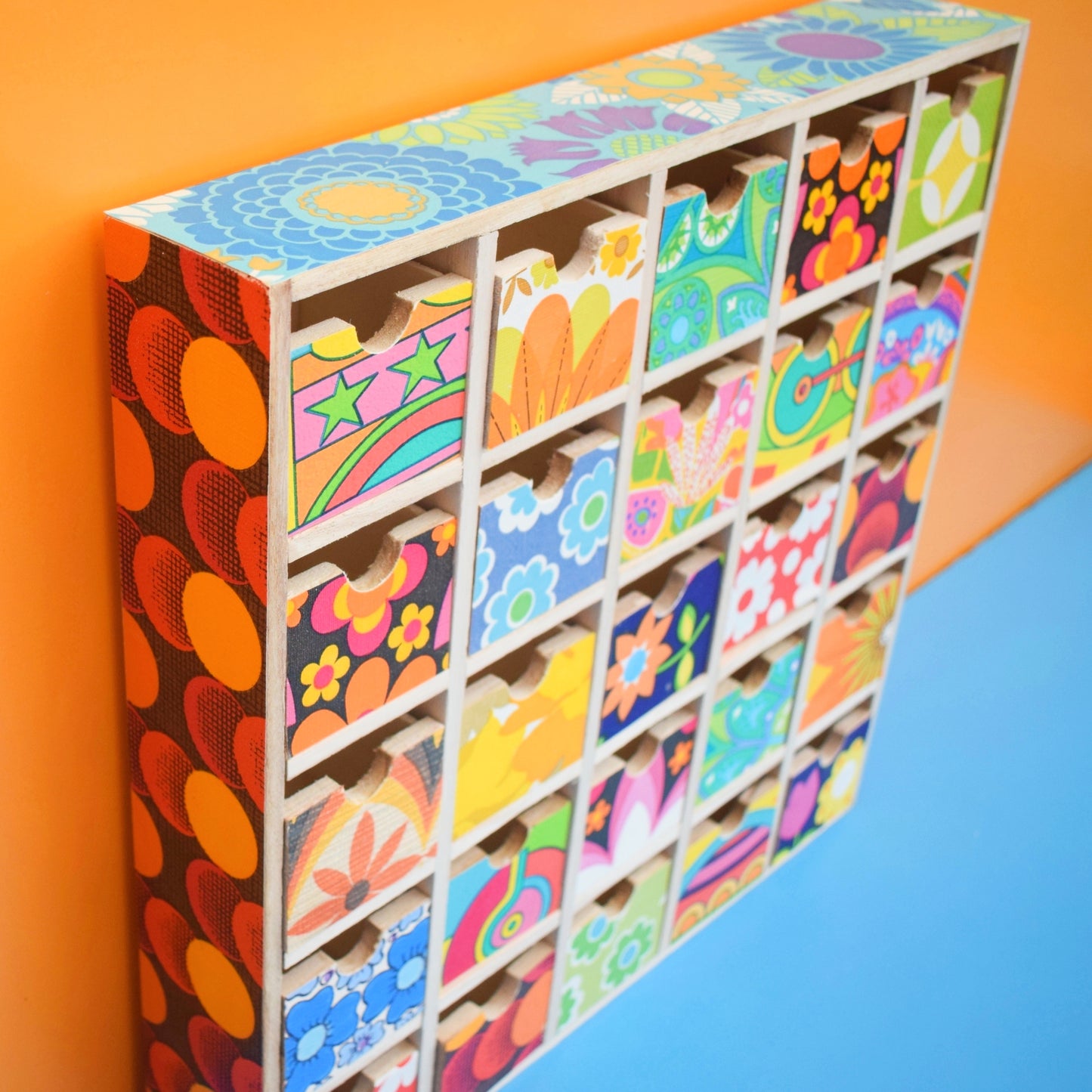 Retro Wooden Multi Drawer Unit - Vintage Wallpapers - Patchwork - Brights .