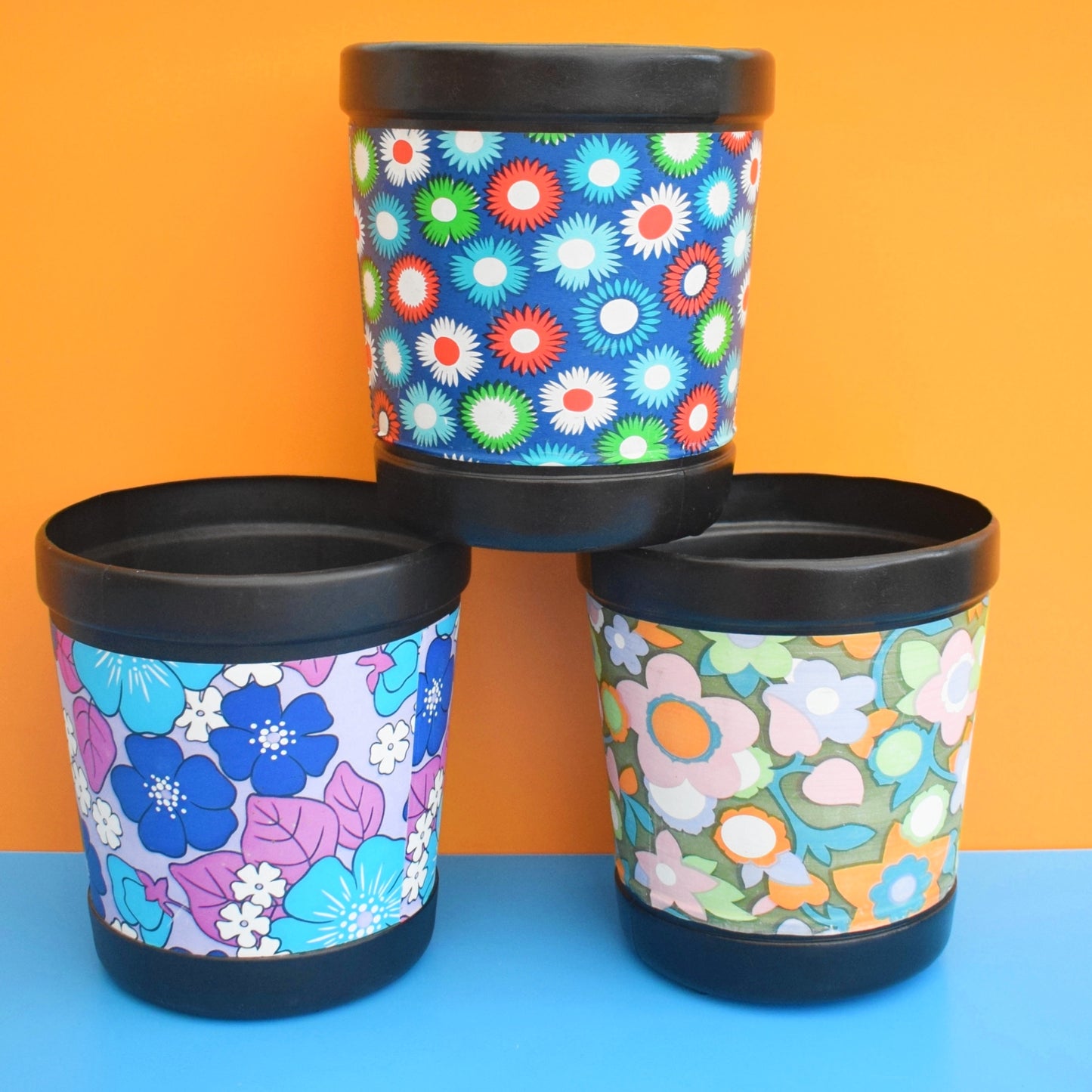 Vintage 1960s Plastic Waste Paper Bin - Flower Power - Bold Designs - Plysu by Pineapple Retro
