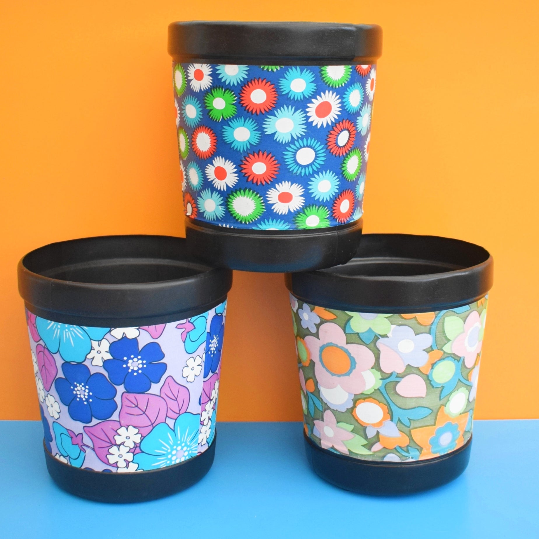 Vintage 1960s Plastic Waste Paper Bin - Flower Power - Bold Designs - Plysu by Pineapple Retro