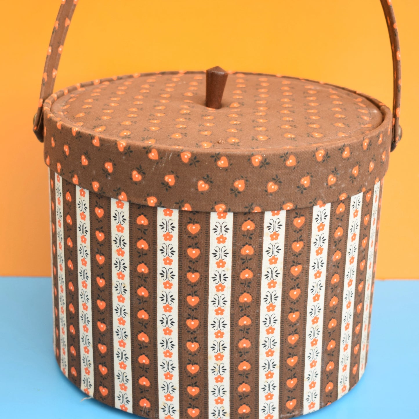 Vintage 1960s Round Sewing / Hobby Box - Brown & Orange