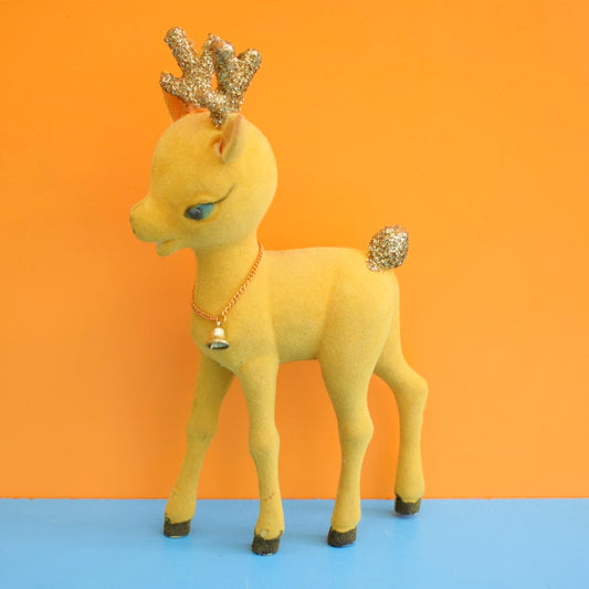 Vintage 1960s Kitsch Flocked Yellow Deer- Larger