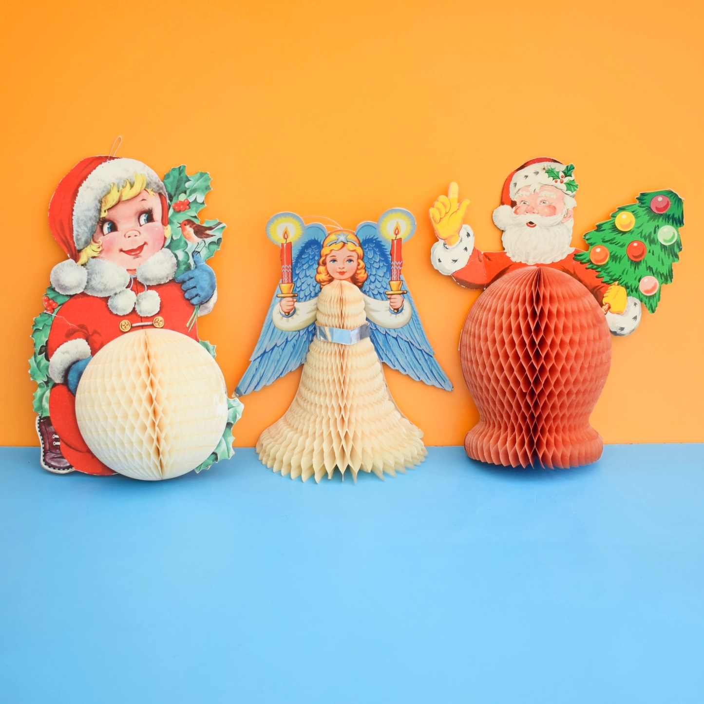 Vintage 1950s Honeycomb Paper Decorations - Santa / Angel / Snowball