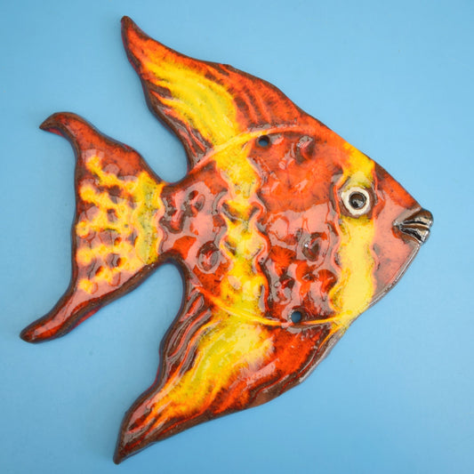 Vintage 1970s Studio Pottery Fish Wall Plaque - Orange / Yellow by Pineapple Retro