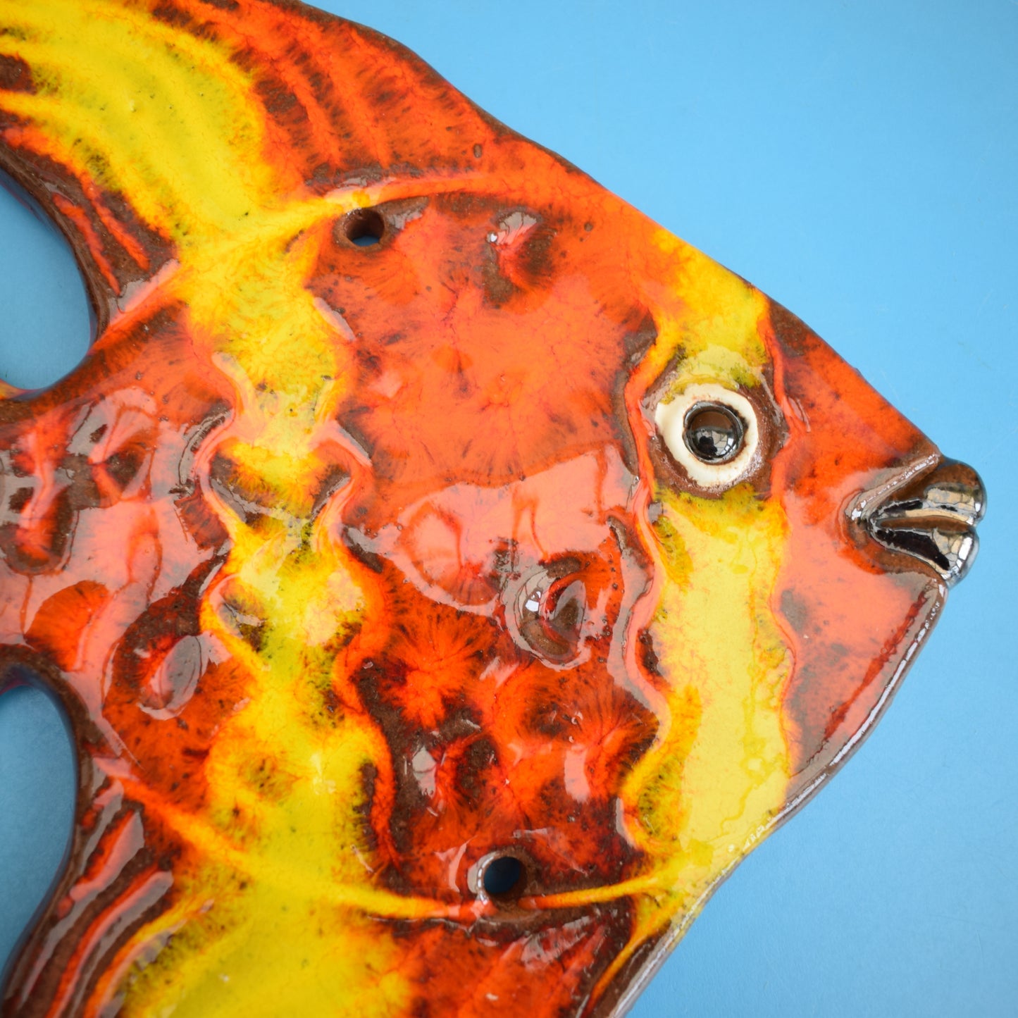 Vintage 1970s Studio Pottery Fish Wall Plaque - Orange / Yellow by Pineapple Retro