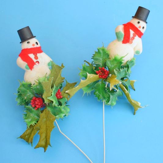 Vintage 1960s Flocked Plastic Snowmen on Sticks x2