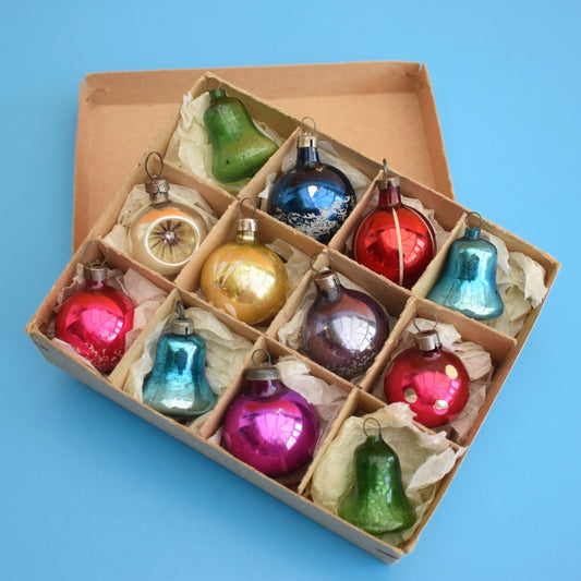 Vintage Small 1960s Glass Christmas Baubles / Decorations x 12 Boxed