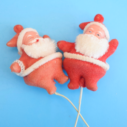 Vintage 1960s Flocked Plastic Santa on Sticks x2