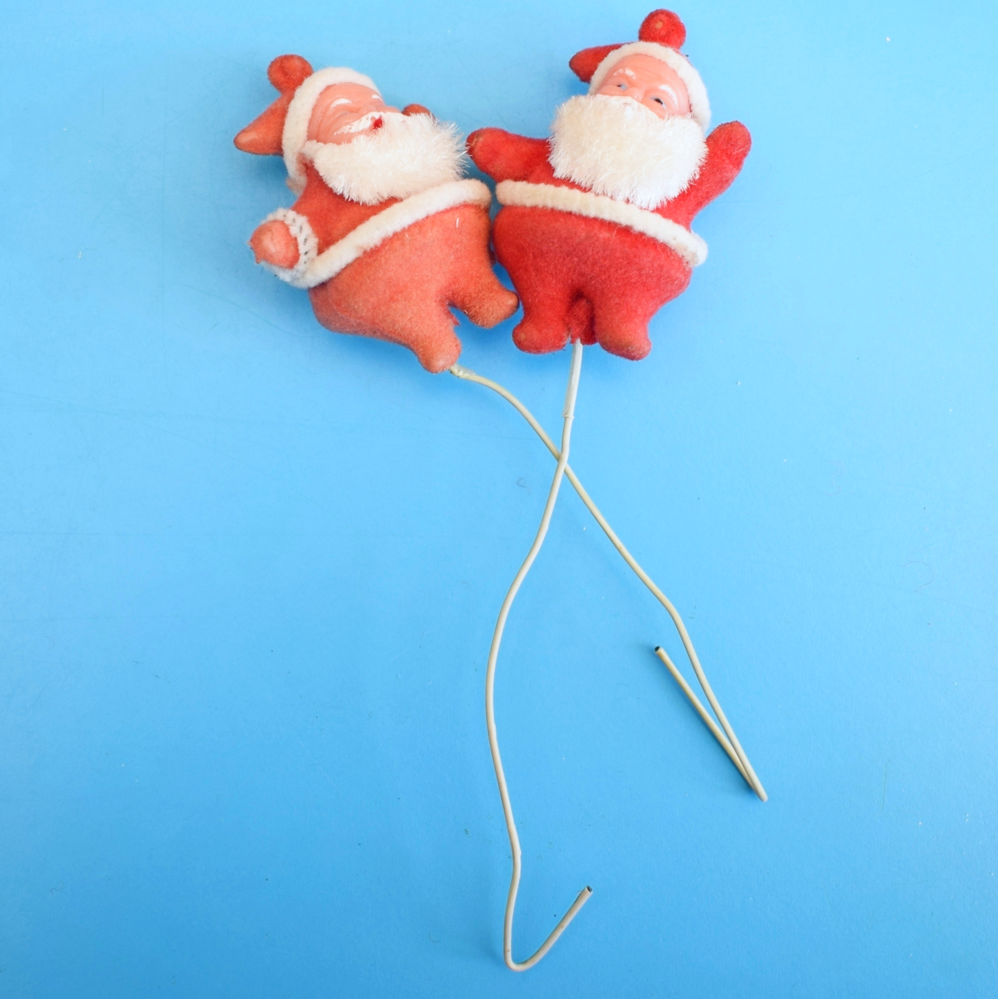Vintage 1960s Flocked Plastic Santa on Sticks x2
