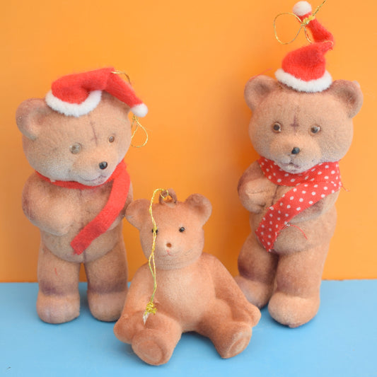 Vintage 1970s Flocked Kitsch Christmas Bears