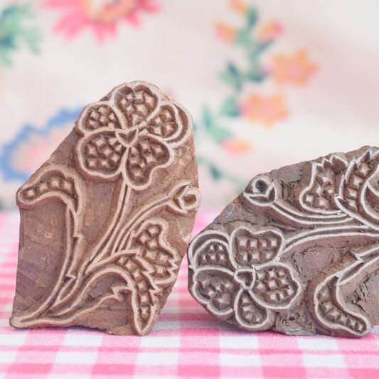 Vintage 1950s Wooden Folk Art Style Printers Blocks / Stamps - Flowers x2