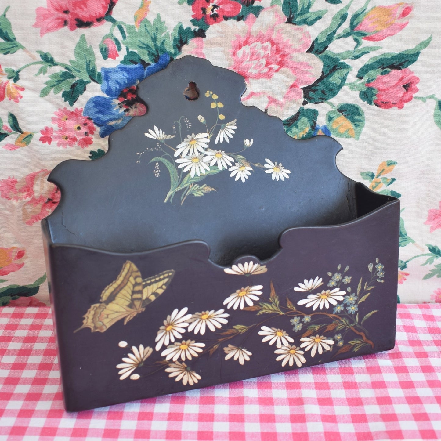 Vintage Victorian Letter Rack - Paper Mache - Black & Daisies by Pineapple Retro