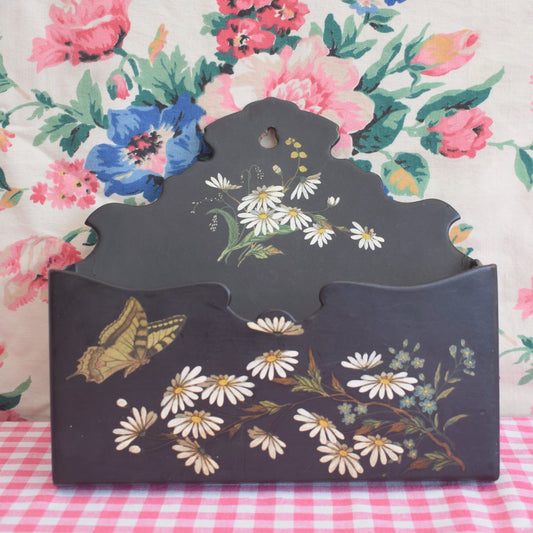 Vintage Victorian Letter Rack - Paper Mache - Black & Daisies