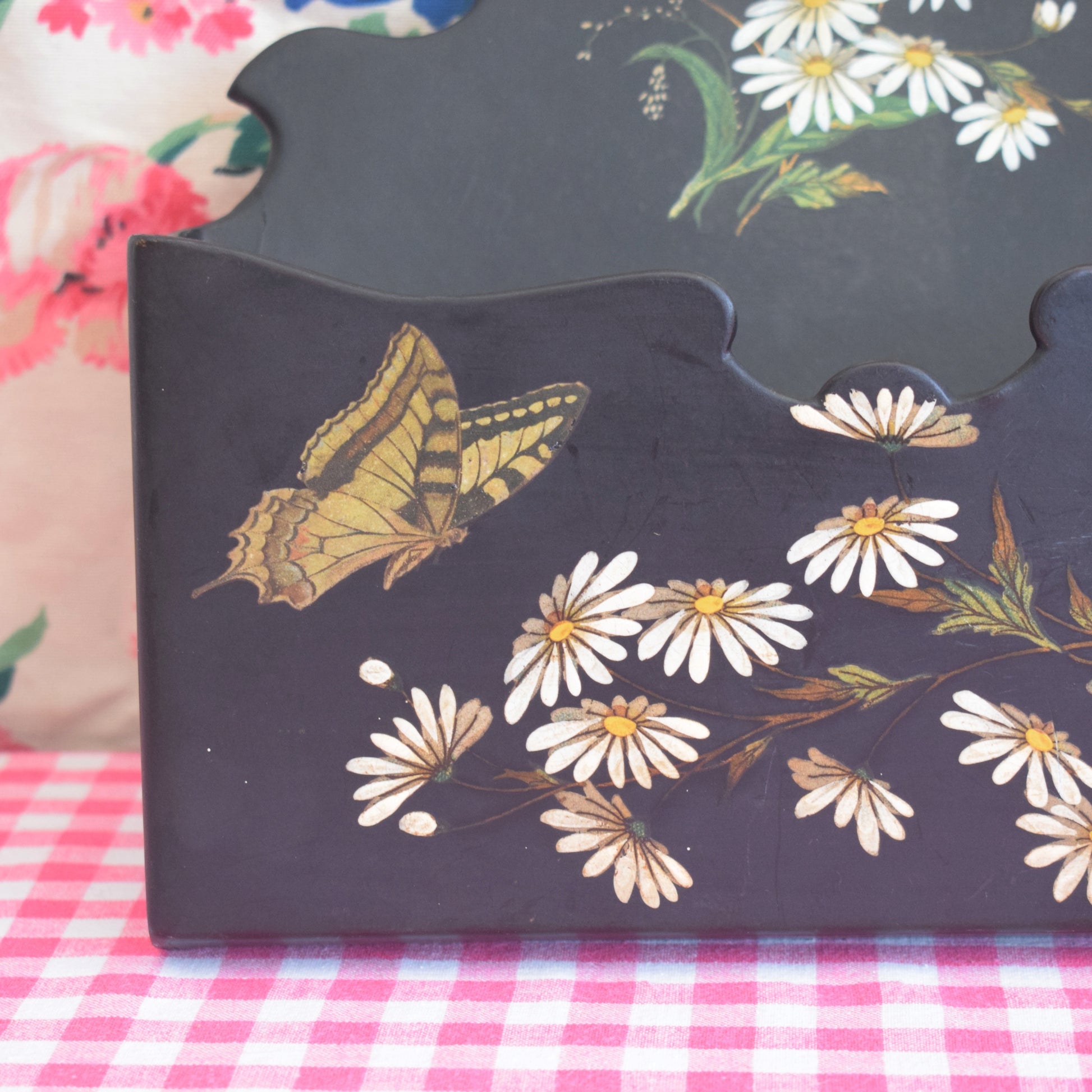 Vintage Victorian Letter Rack - Paper Mache - Black & Daisies by Pineapple Retro