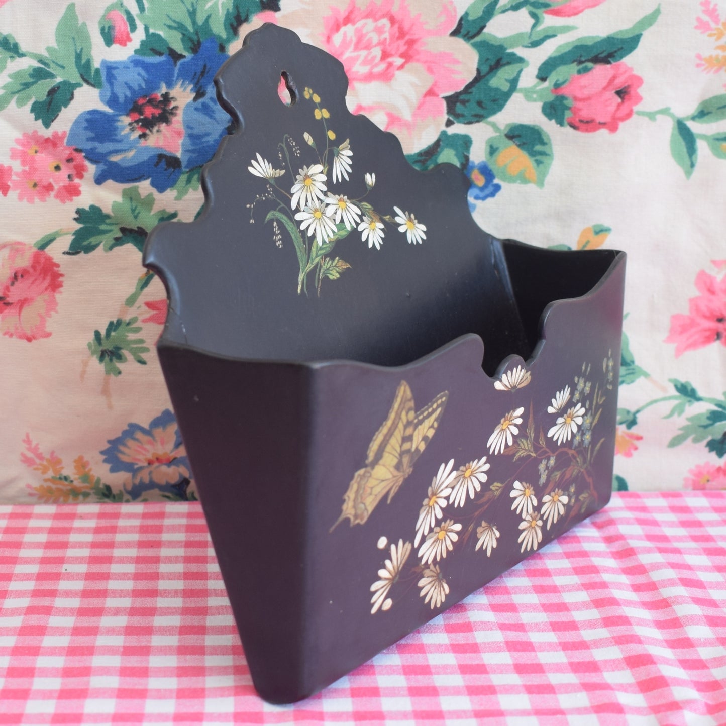 Vintage Victorian Letter Rack - Paper Mache - Black & Daisies by Pineapple Retro