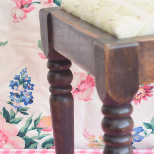 Vintage Turned Dark Oak Footstool - Soft Green Upholstery