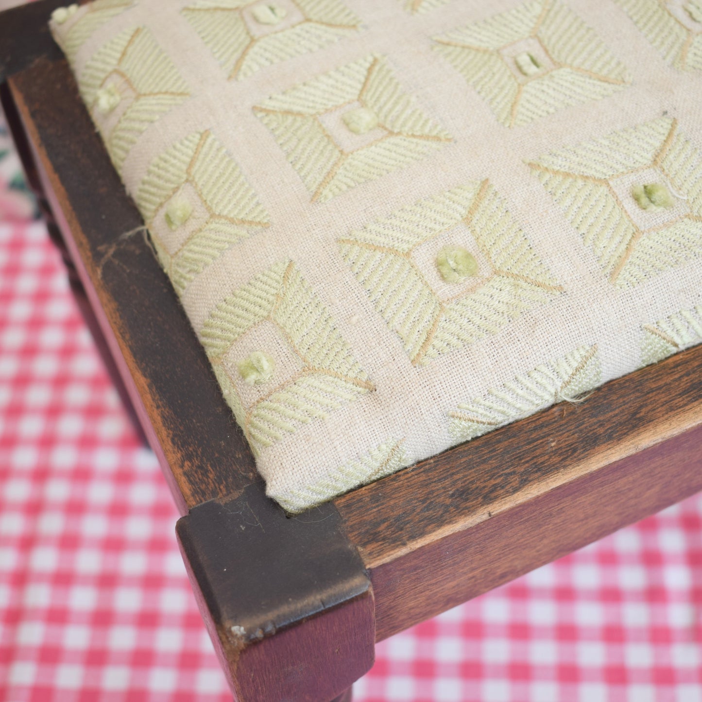 Vintage Turned Dark Oak Footstool - Soft Green Upholstery