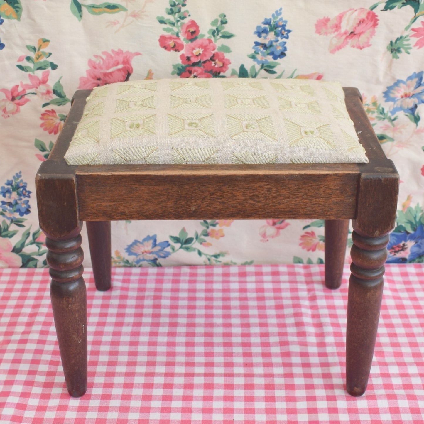 Vintage Turned Dark Oak Footstool - Soft Green Upholstery