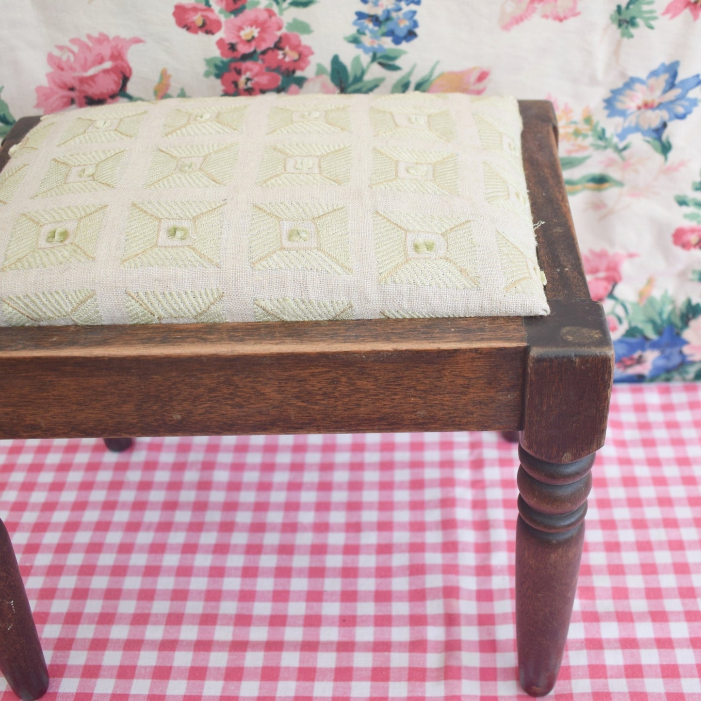 Vintage Turned Dark Oak Footstool - Soft Green Upholstery