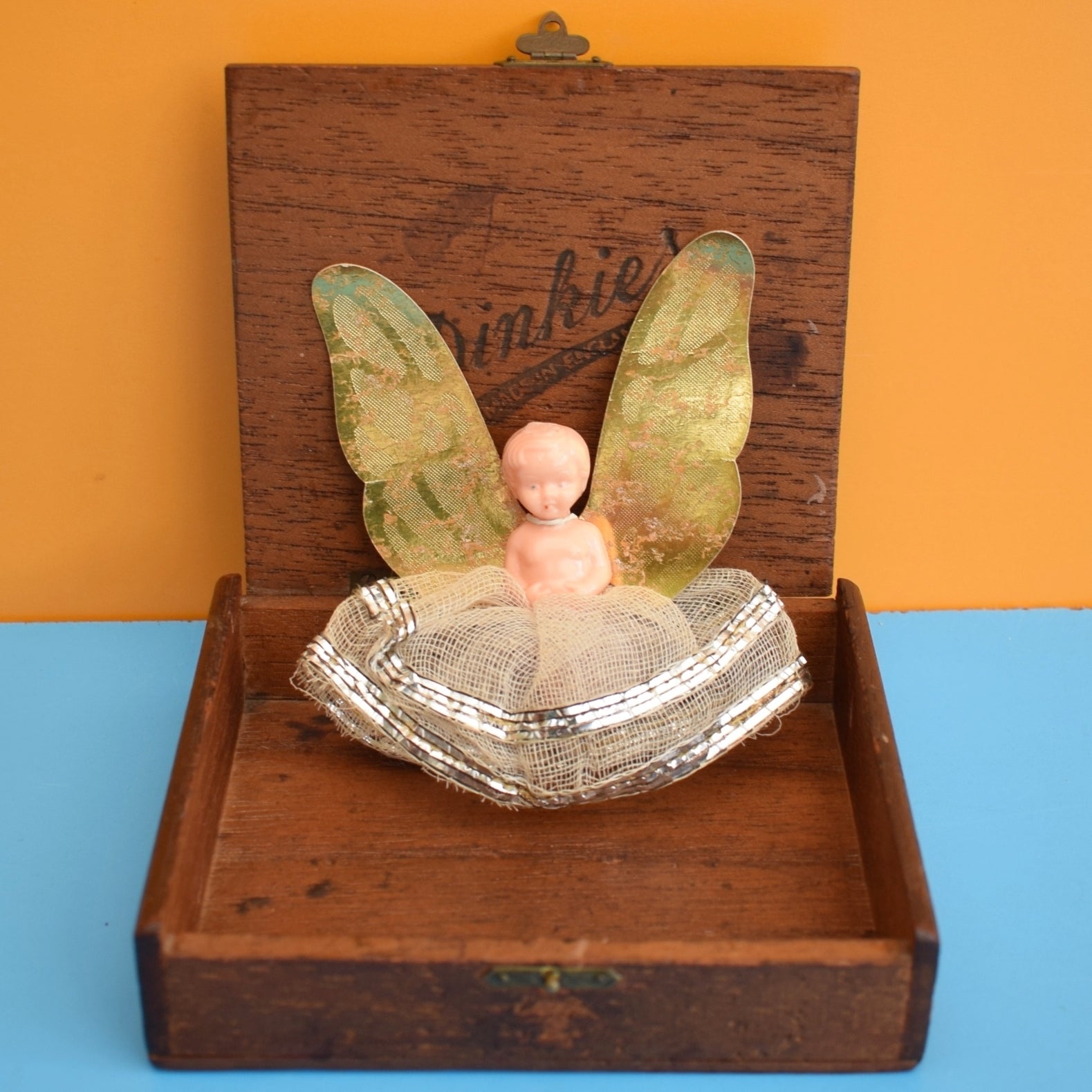 Vintage 1950s Christmas Fairy / Angel Tree Topper In Wooden Box by Vintage