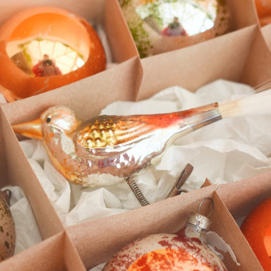 Vintage 1960s Glass Christmas Baubles - Autumnal Tones & Bird