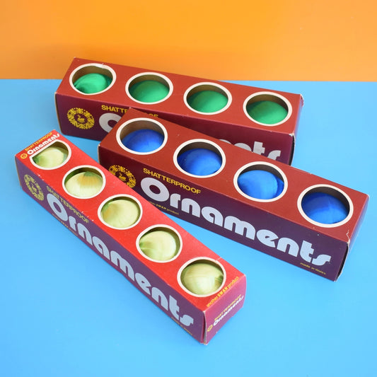 Vintage 1970s Satin Christmas Baubles- Boxed - Green & Blue