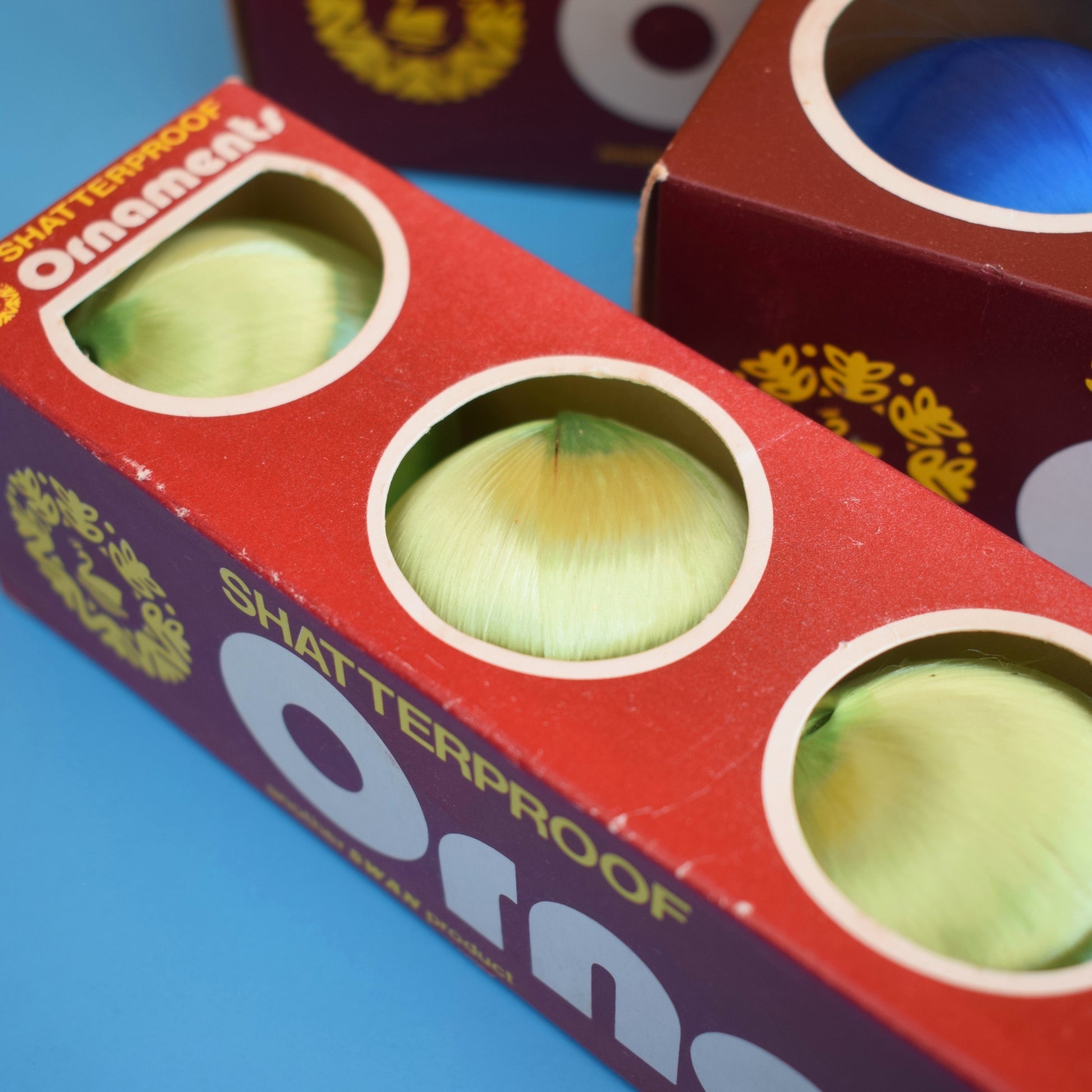 Vintage 1970s Satin Christmas Baubles- Boxed - Green & Blue by Pineapple Retro