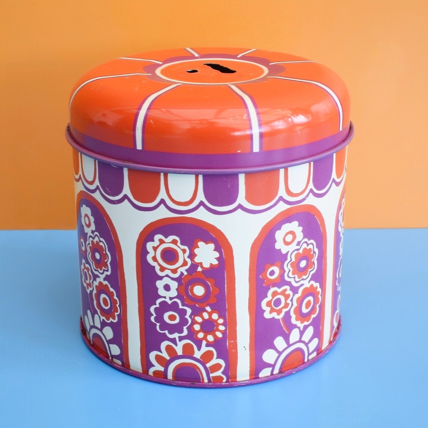 Vintage 1970s Round Metal Tin - Flower Design - Purple & Red - Xlon London by Pineapple Retro