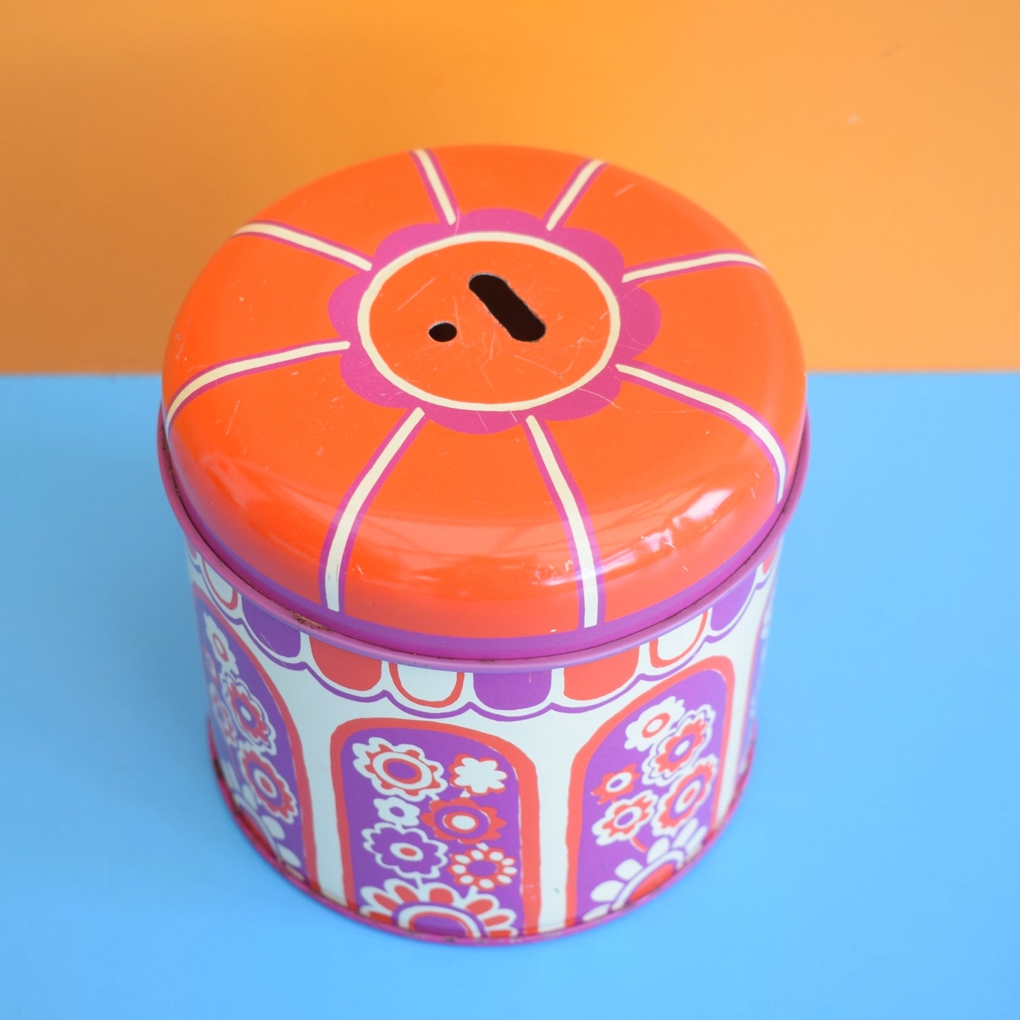 Vintage 1970s Round Metal Tin - Flower Design - Purple & Red - Xlon London by Pineapple Retro
