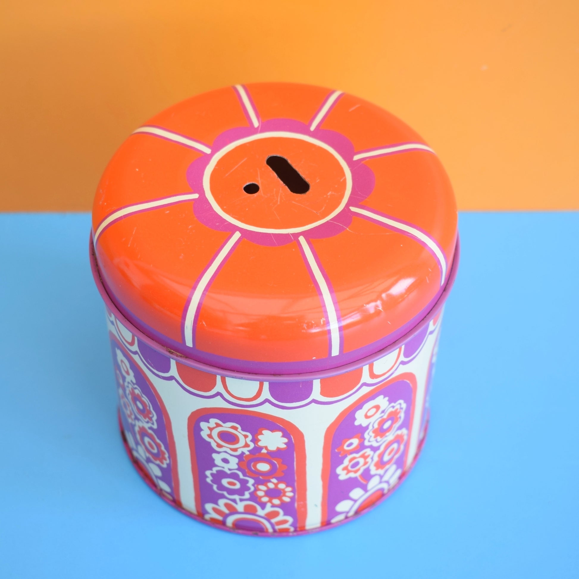 Vintage 1970s Round Metal Tin - Flower Design - Purple & Red - Xlon London by Pineapple Retro