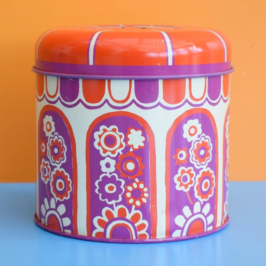 Vintage 1970s Round Metal Tin - Flower Design - Purple & Red - Xlon London