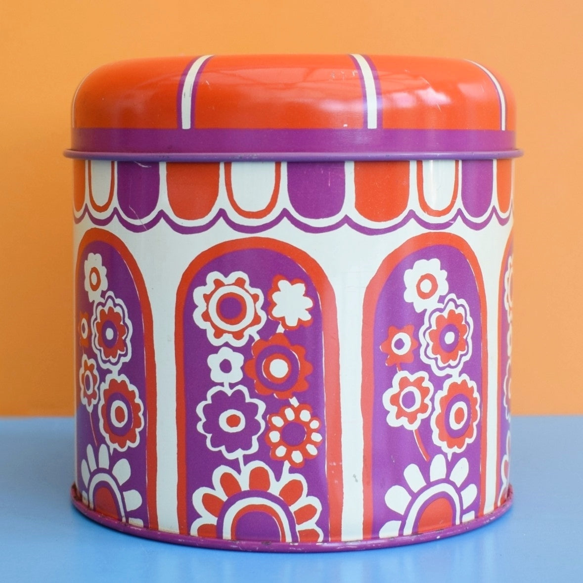 Vintage 1970s Round Metal Tin - Flower Design - Purple & Red - Xlon London by Pineapple Retro
