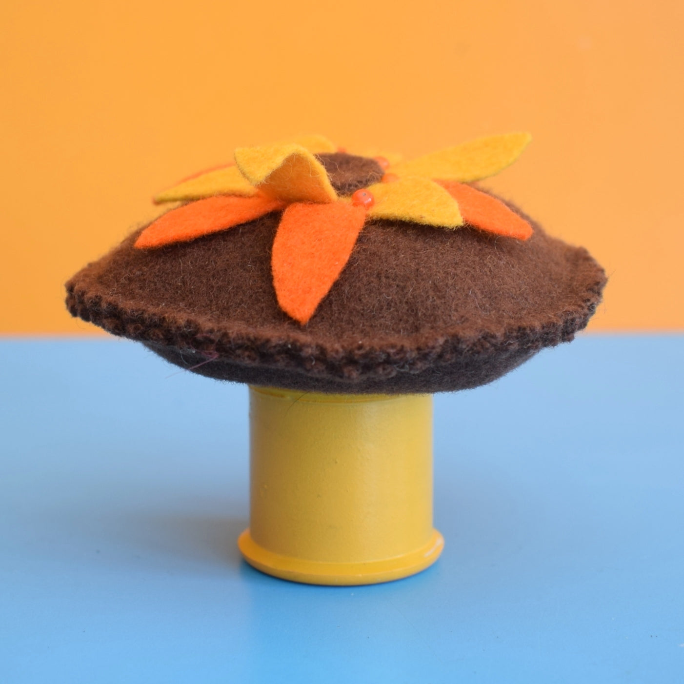Vintage 1970s Flower / Toadstool Pin Cushion - Orange, yellow & Brown by Pineapple Retro