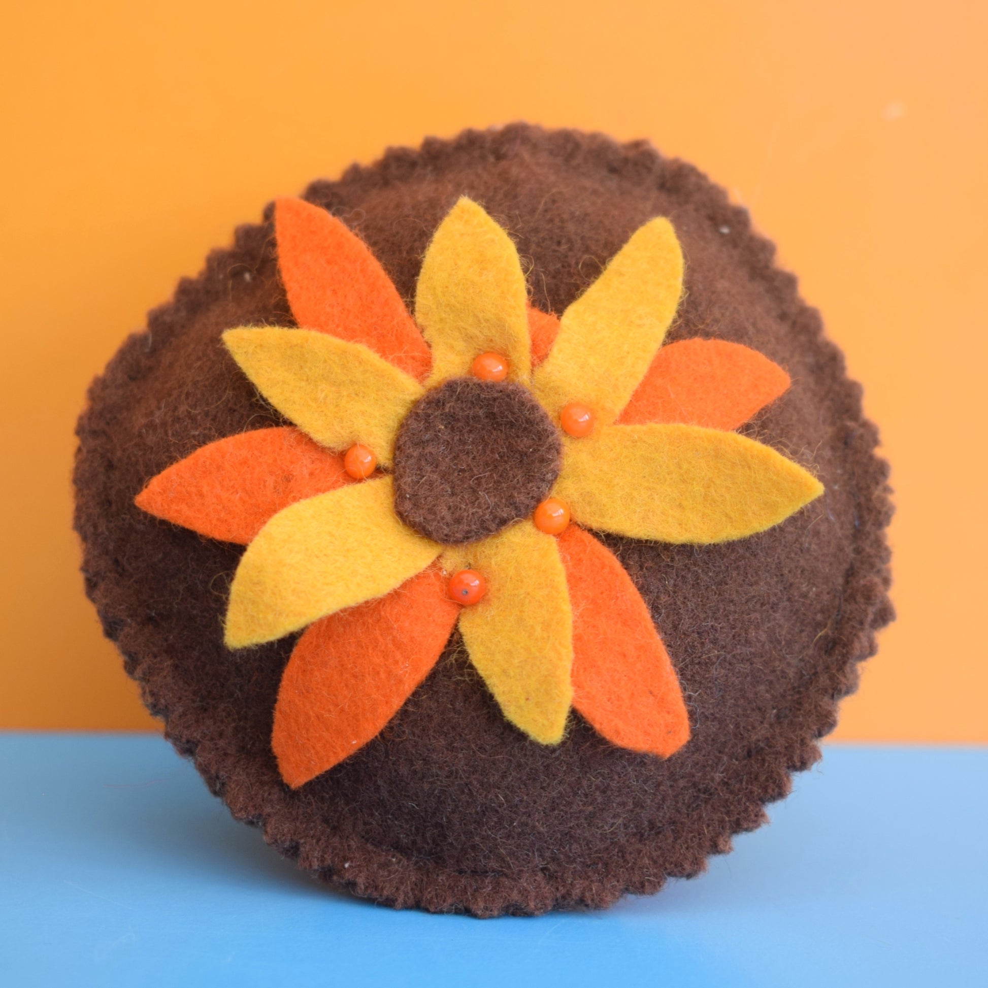 Vintage 1970s Flower / Toadstool Pin Cushion - Orange, yellow & Brown by Pineapple Retro