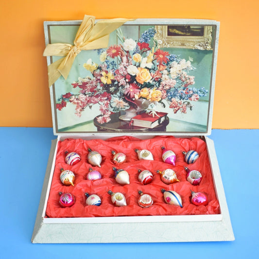 Vintage 1950s Glass Christmas Mini Baubles In Chocolate Box