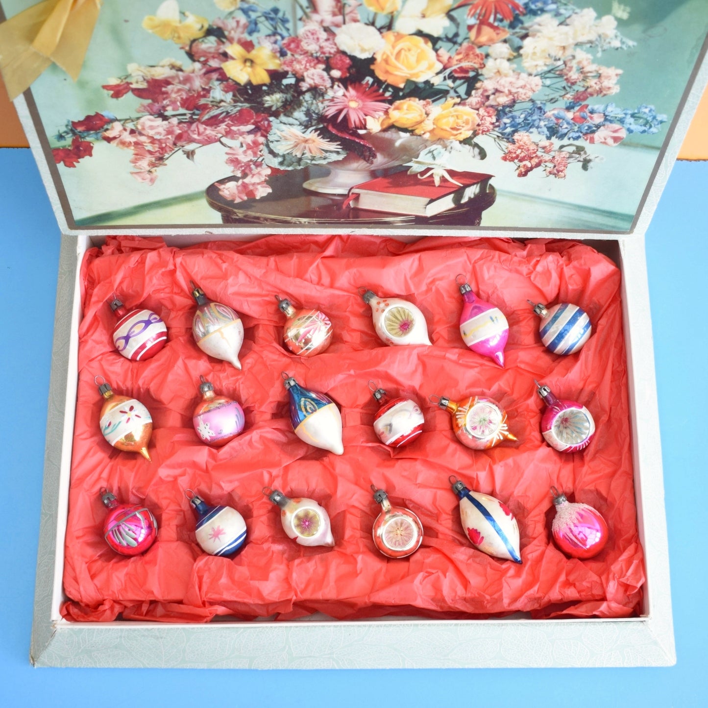 Vintage 1950s Glass Christmas Mini Baubles In Chocolate Box