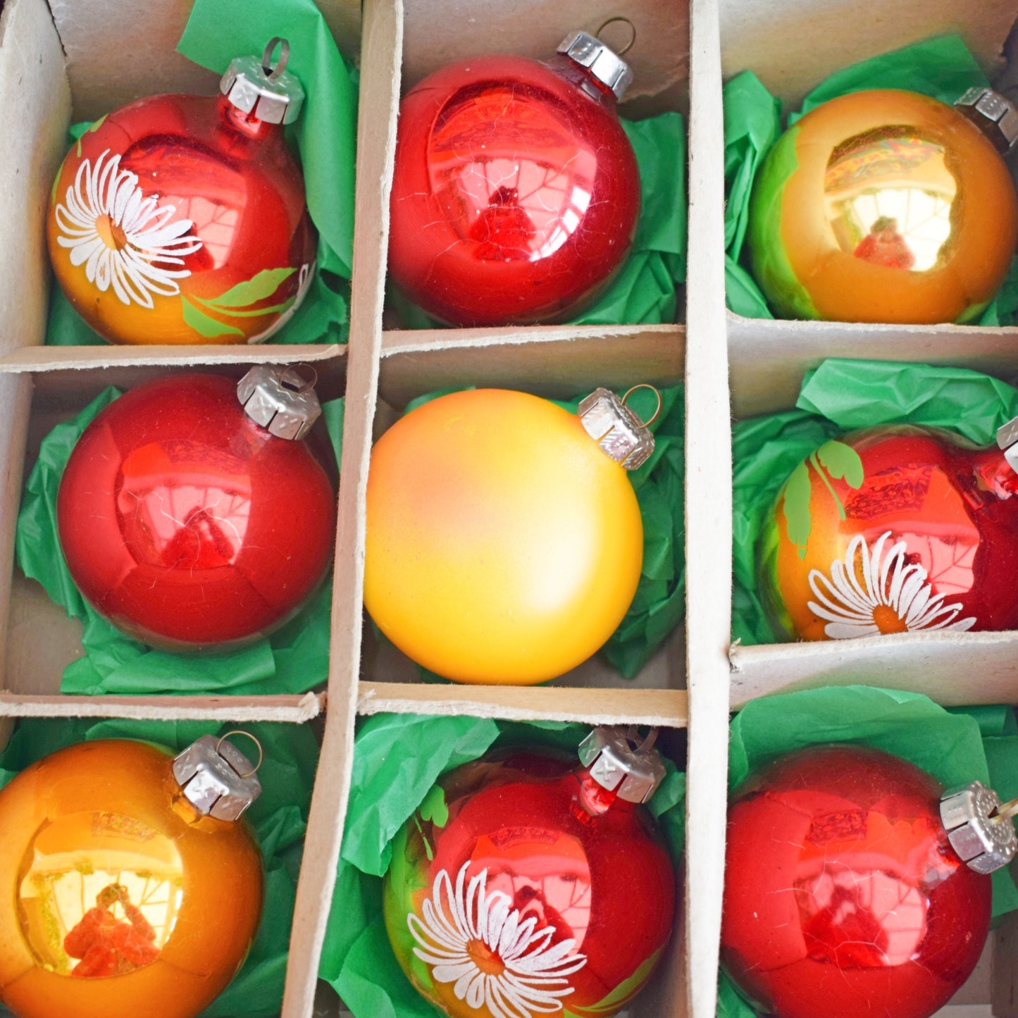 Vintage 1970s Glass Christmas Large Baubles In Amazing Box