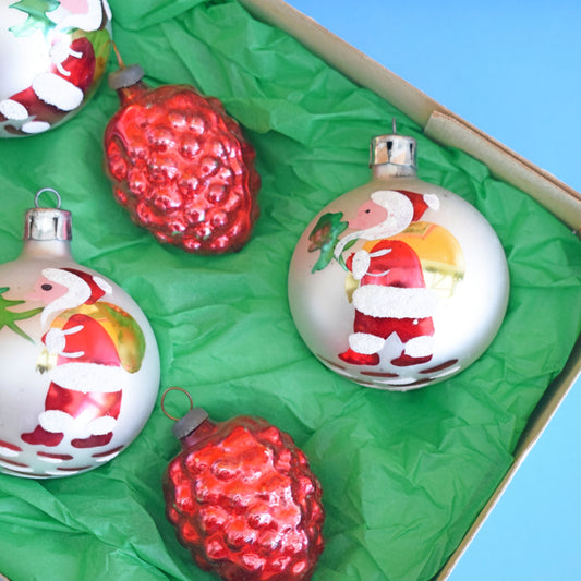 Vintage 1960s Glass Christmas Raspberry/ Santa Baubles