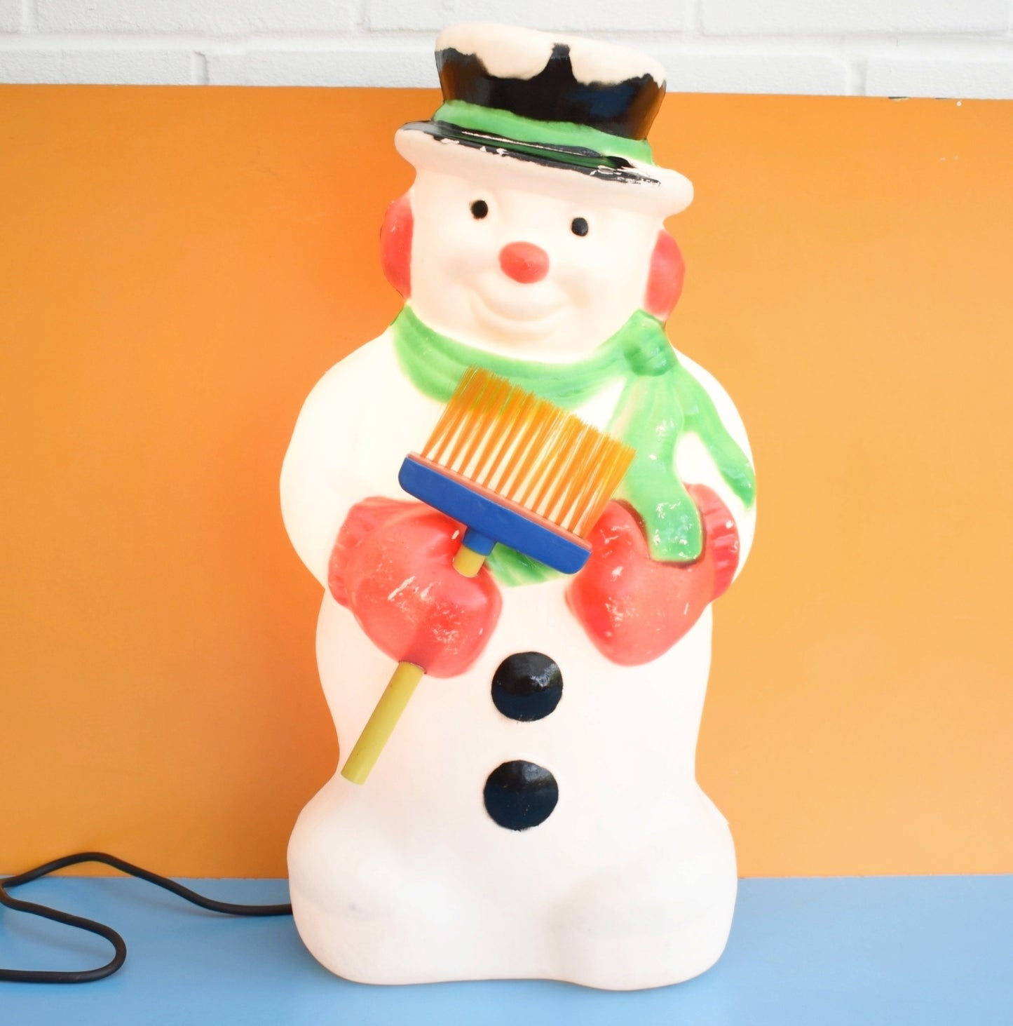 Vintage 1990s Mould Blown Snowman Light With Broom