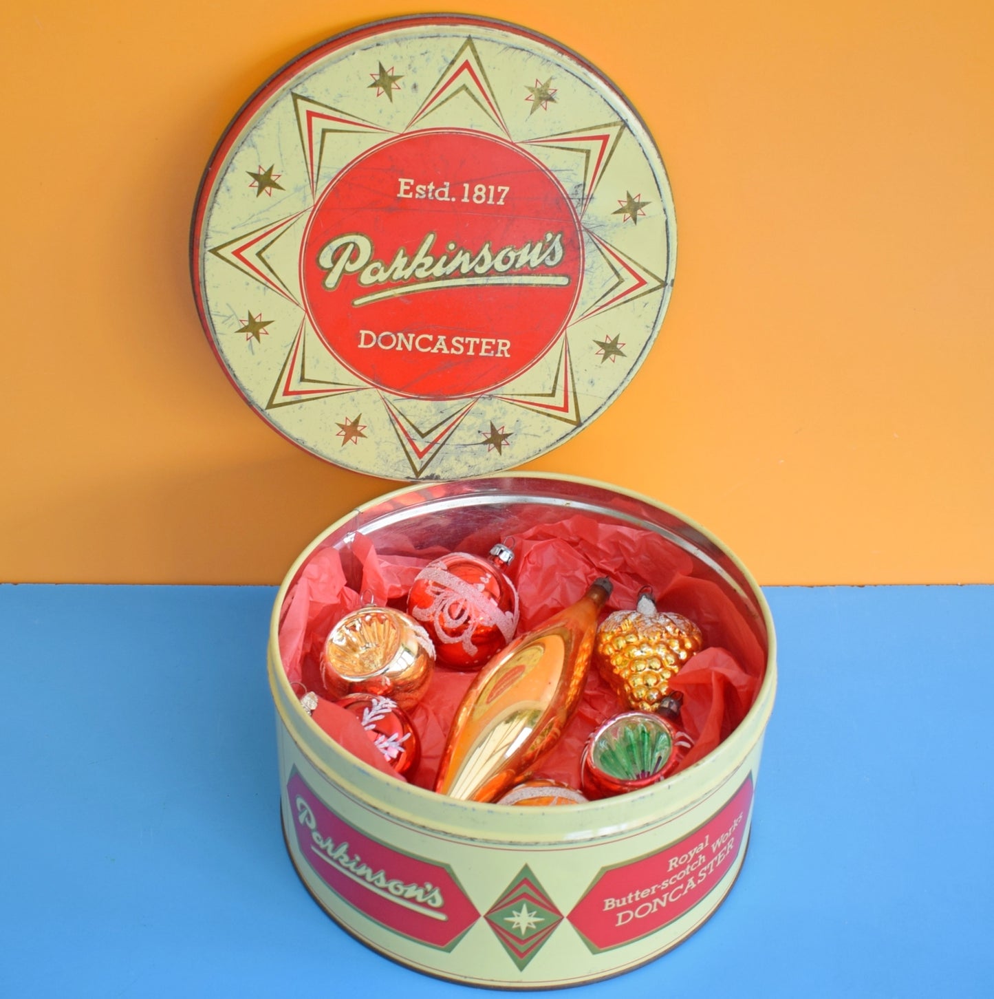 Vintage 1960s Glass Baubles - Sweetie Tin - Red & Gold