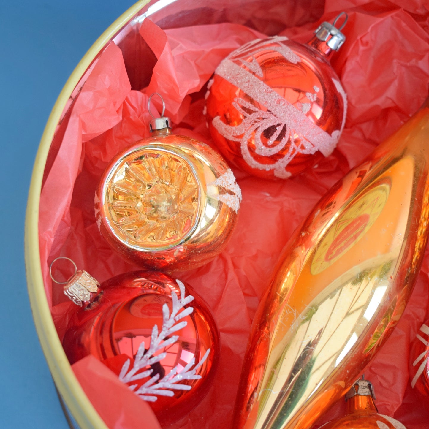Vintage 1960s Glass Baubles - Sweetie Tin - Red & Gold