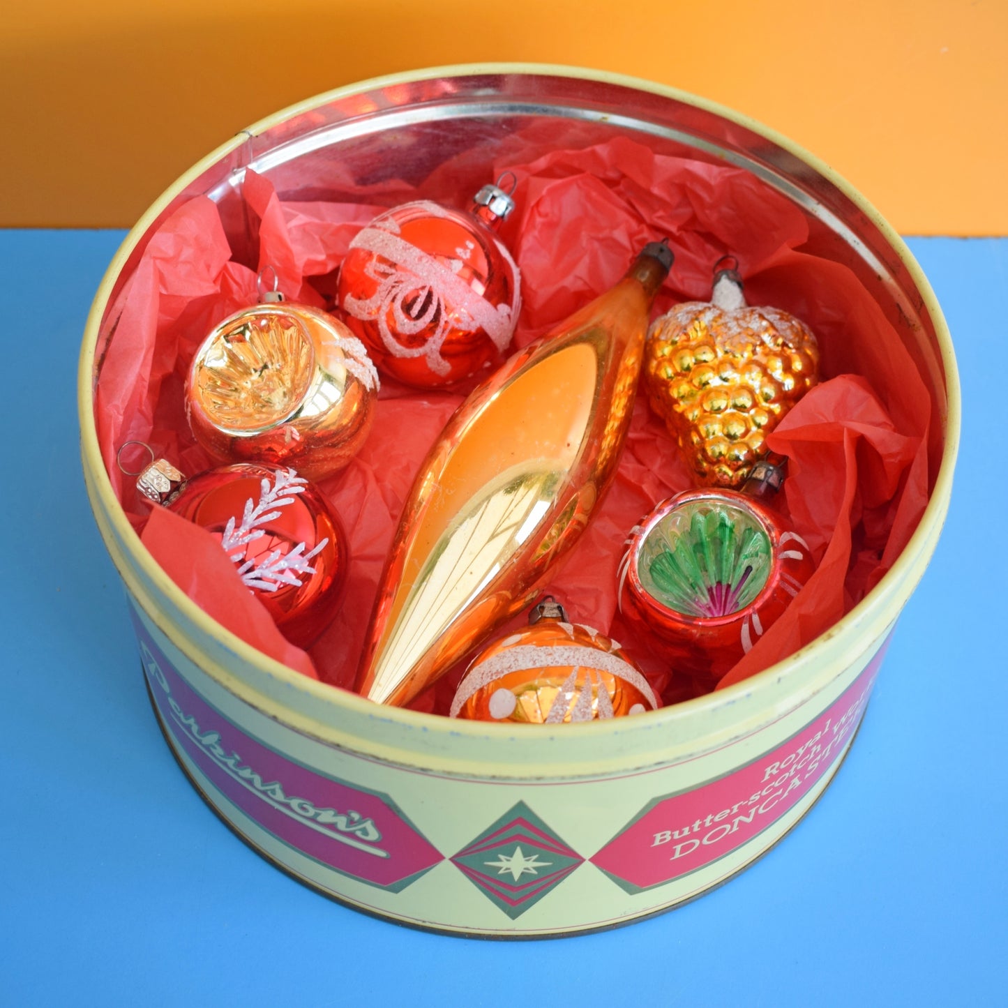 Vintage 1960s Glass Baubles - Sweetie Tin - Red & Gold